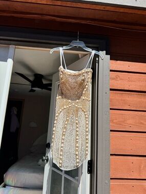Vintage Sherri Hill Ivory and Gold Beaded Cocktail Dress